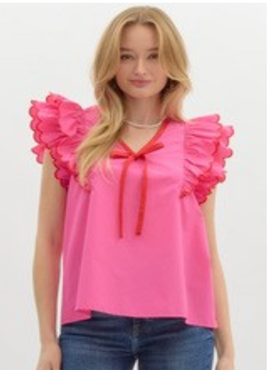 Pink and Red Ruffle Sleeveless Top