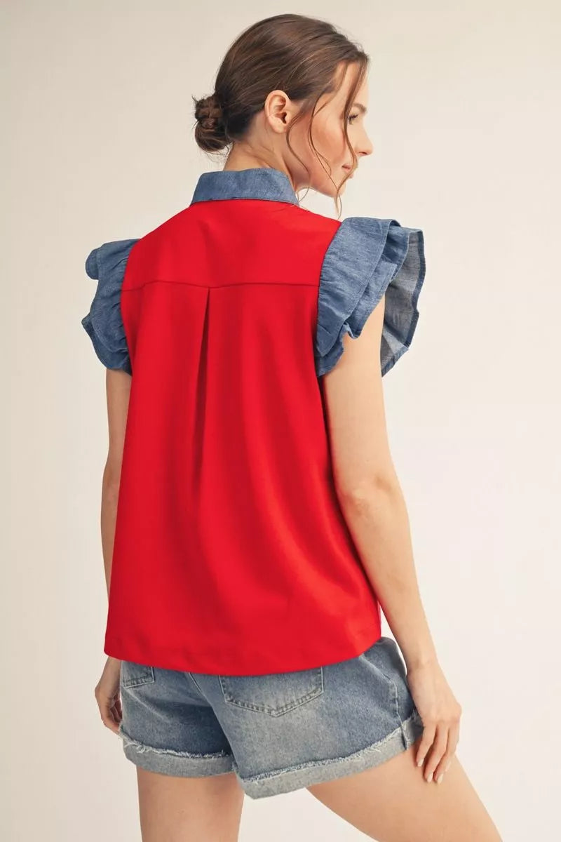 Red and Denim Ruffle Top