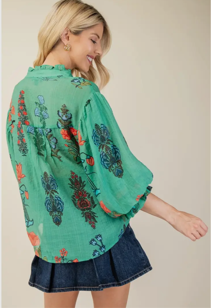 Green Floral 3/4 Sleeve Top