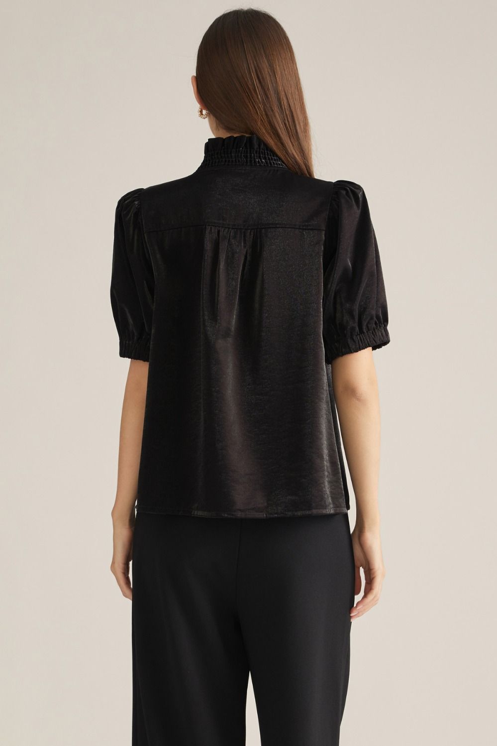Black Ruffle Front Puff Sleeve Top
