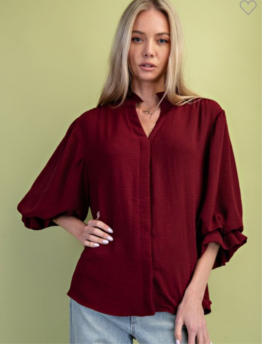 Burgundy 3/4 Balloon Sleeve Top