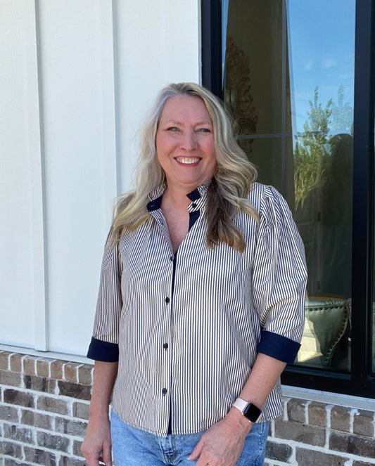 Navy Striped 3/4 Sleeve Top