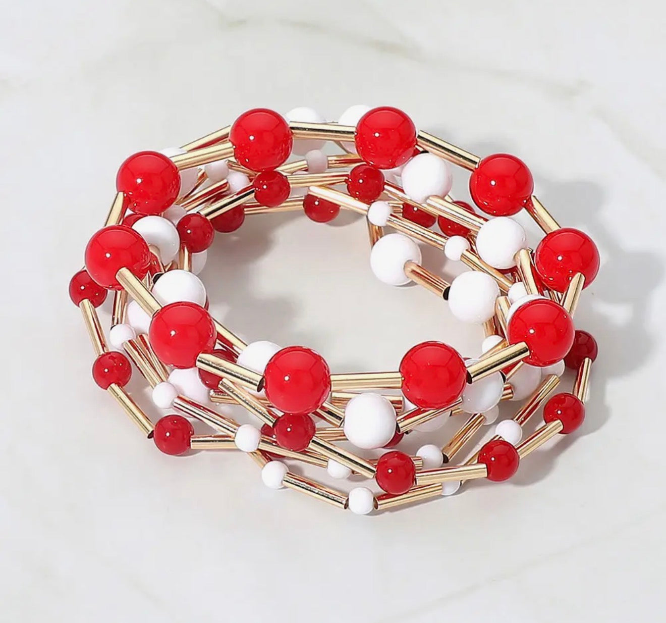 Red and White Ball Bracelet Stack