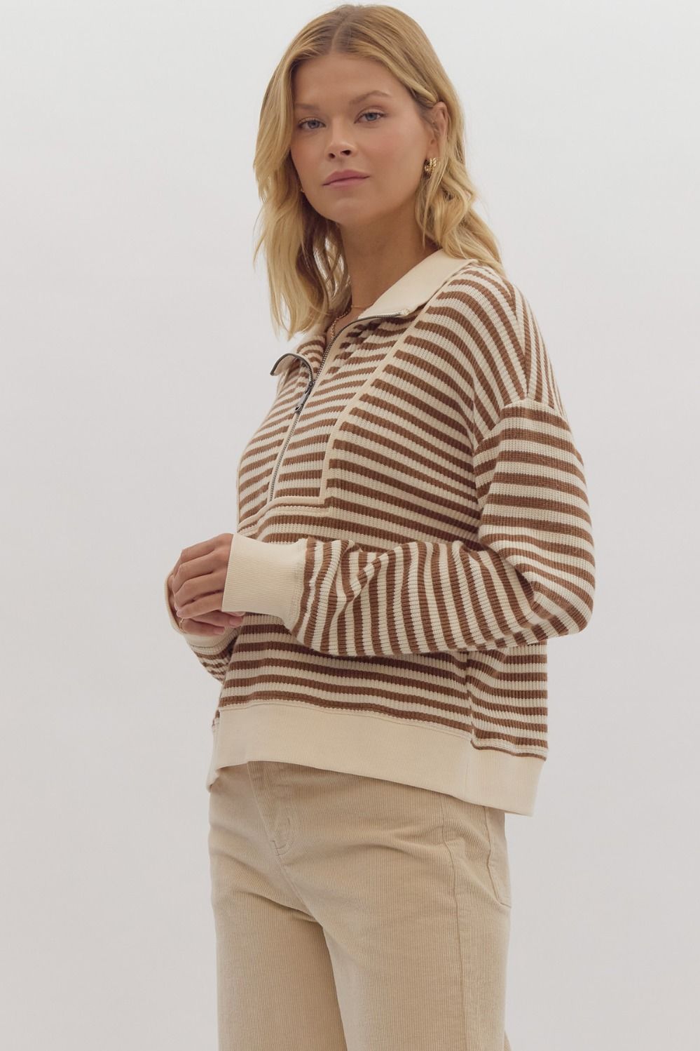 Camel and White Striped Pullover