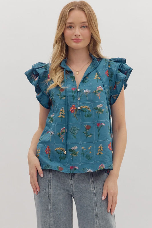 Teal Blue Floral Embroidered Top