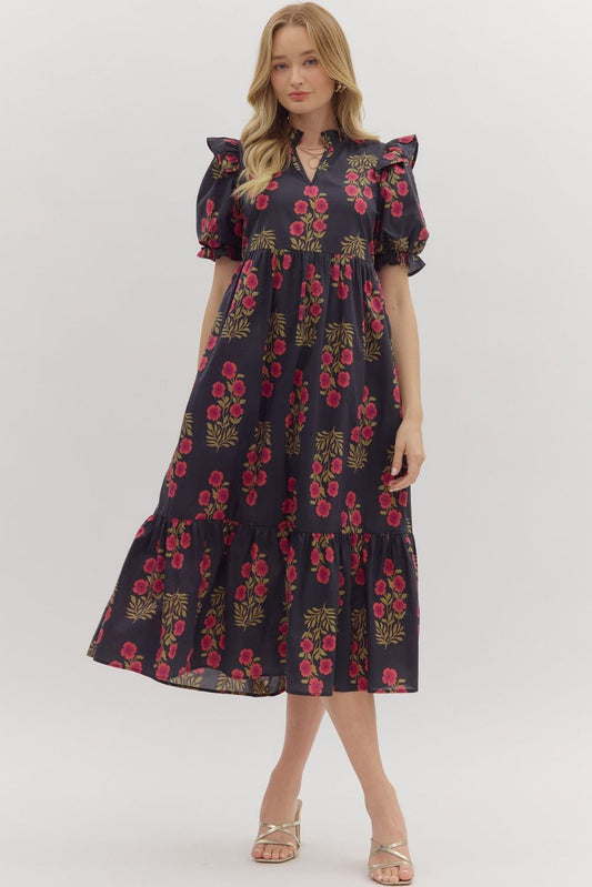 Black Floral Tiered Dress