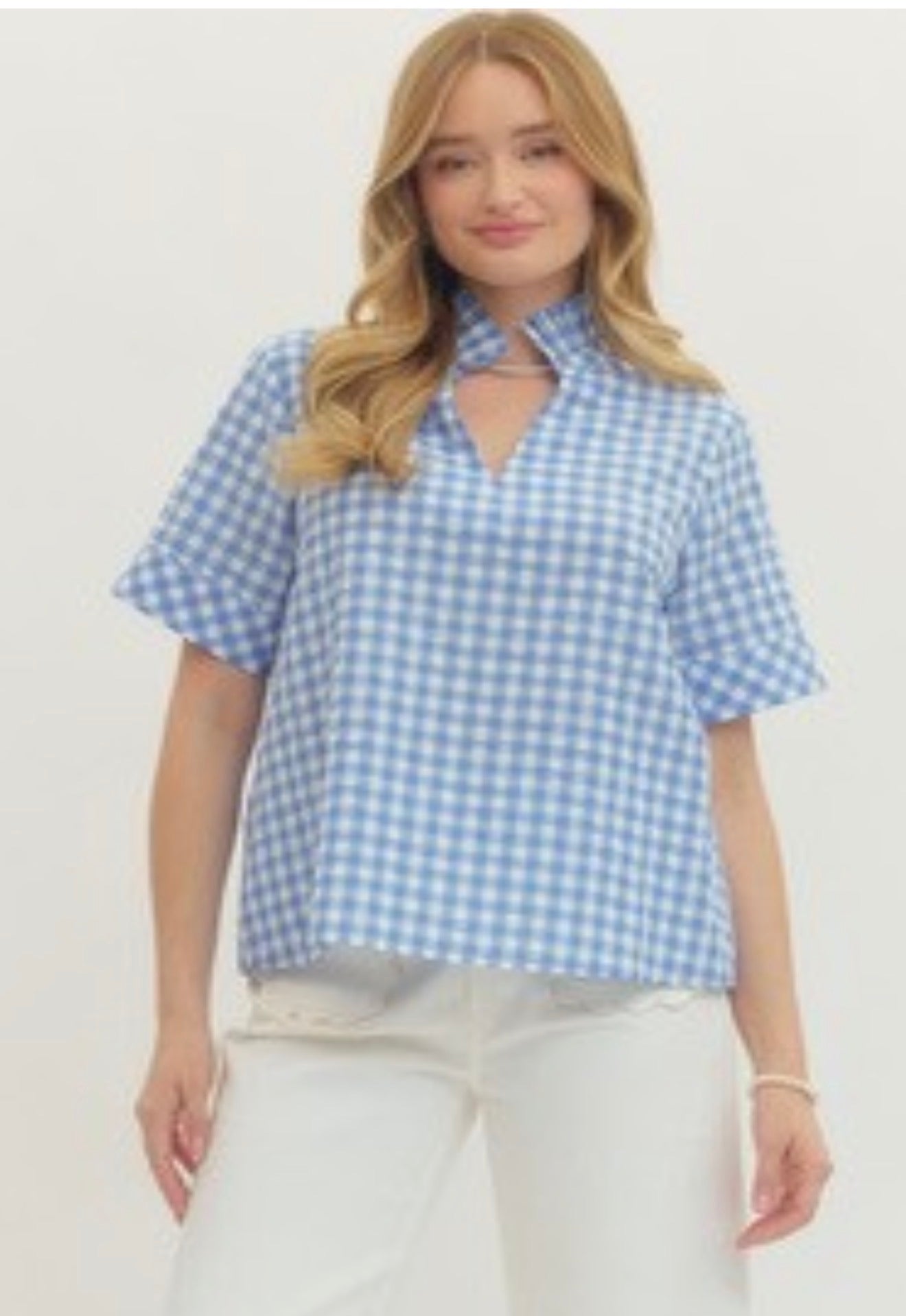 Blue Gingham Short Sleeve Top