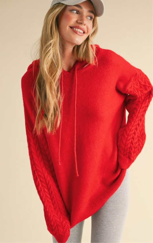 Red Cable Knit Hoodie Sweater