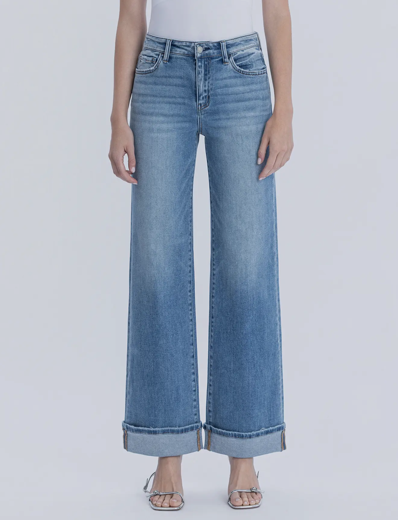 High Rise Full Length Cuffed Wide Jeans