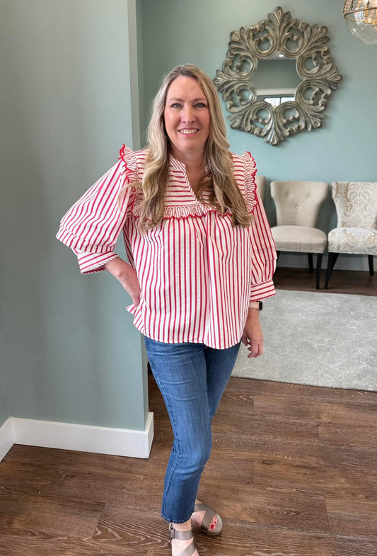 Red and White Striped Seersucker Top