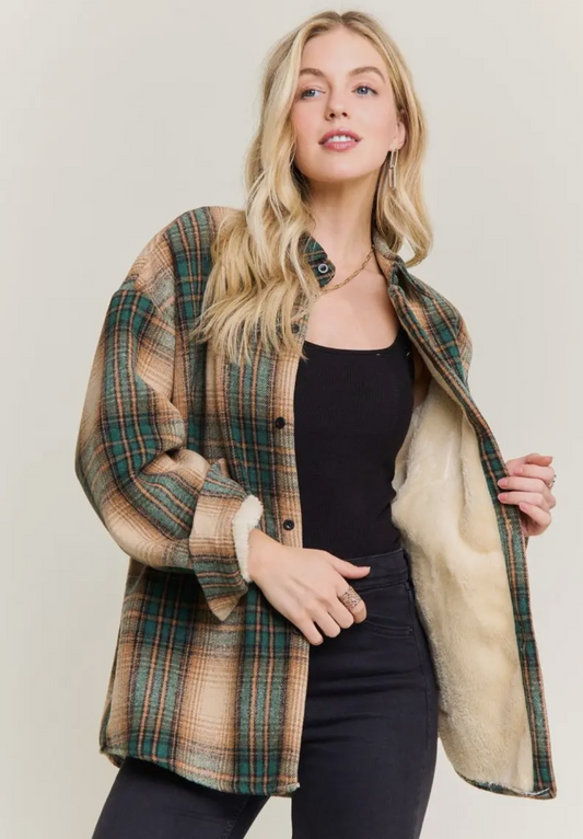 Plaid Sherpa Shacket (Green)