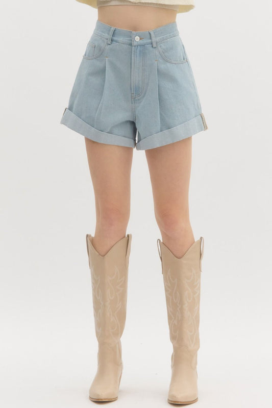 Denim Pleated Cuffed Shorts