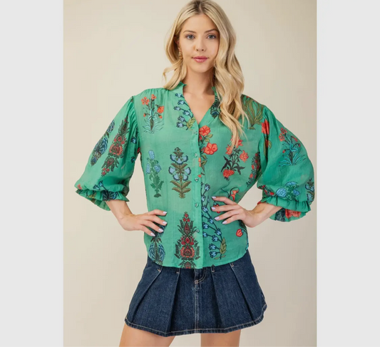 Green Floral 3/4 Sleeve Top