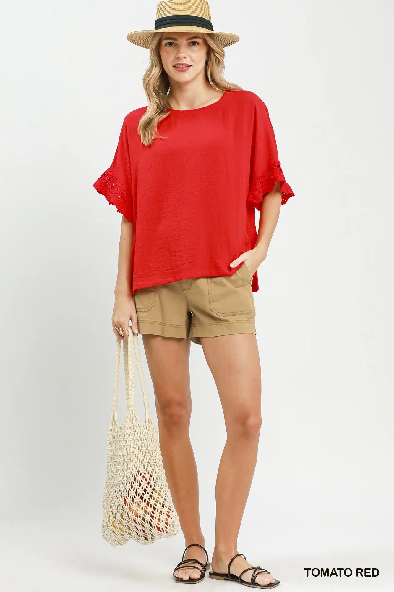 Red Crochet Ruffle Sleeve Top
