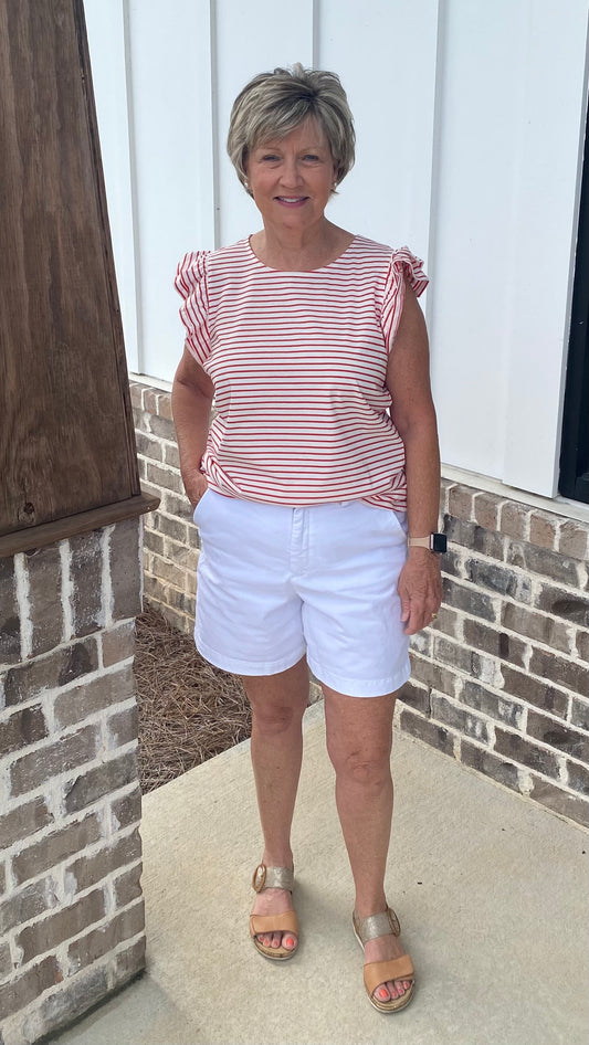 Red Striped Flutter Sleeve Top