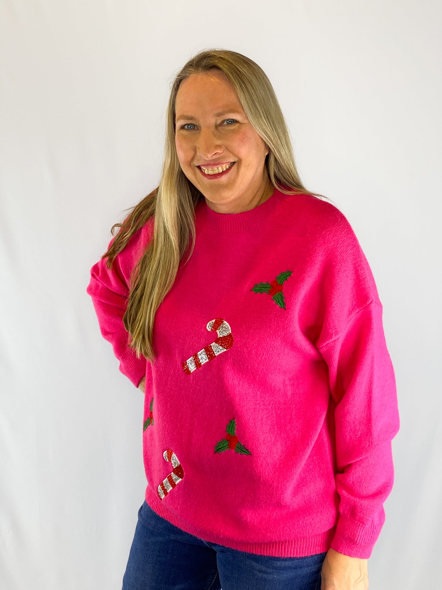 Pink Candy Cane and Holly Sweater