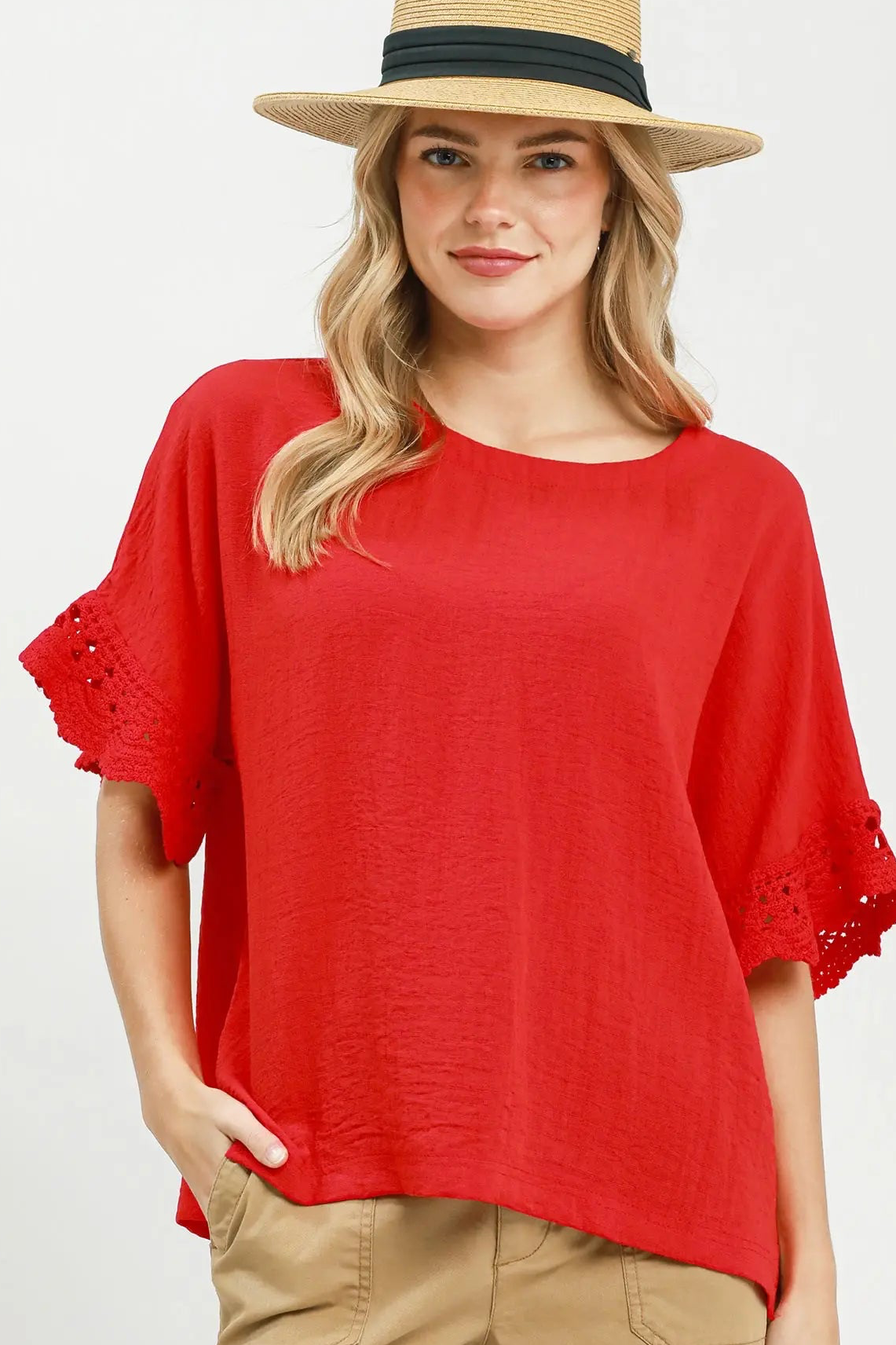Red Crochet Ruffle Sleeve Top
