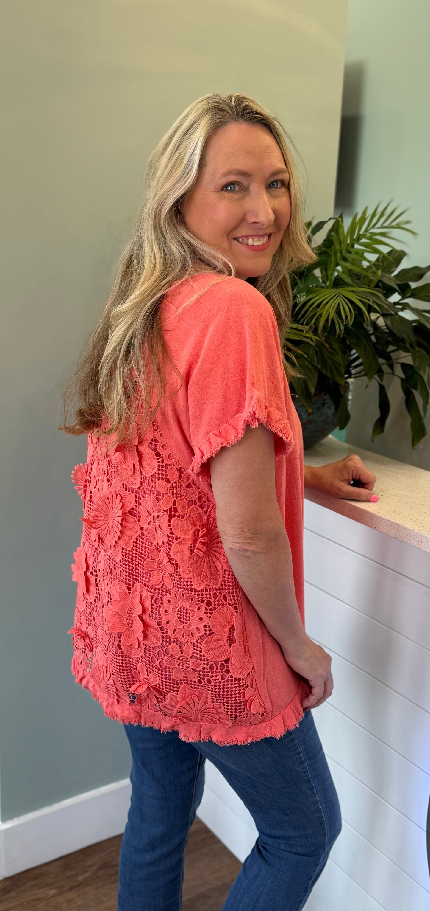 Coral Floral Back Top (P)