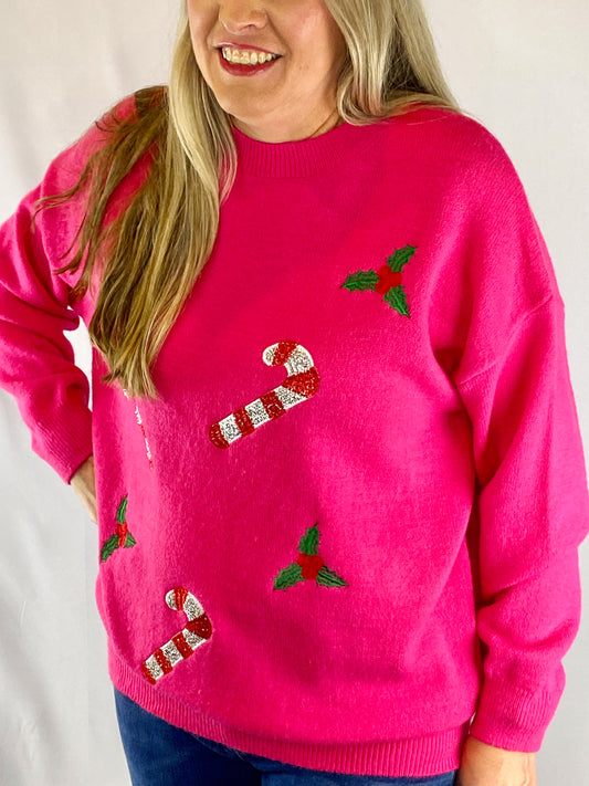 Pink Candy Cane and Holly Sweater