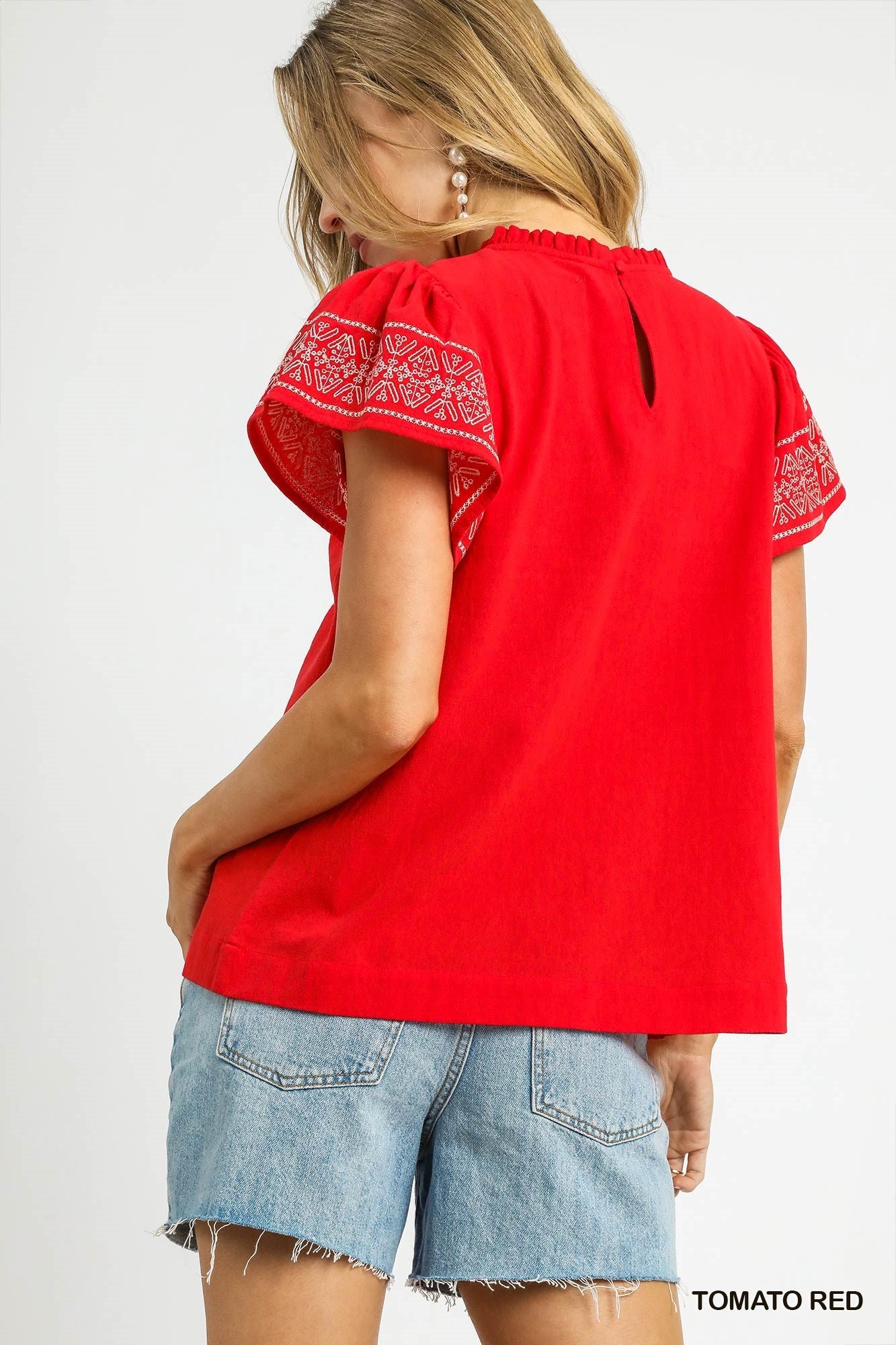 Red Embroidered Ruffle Sleeve Top