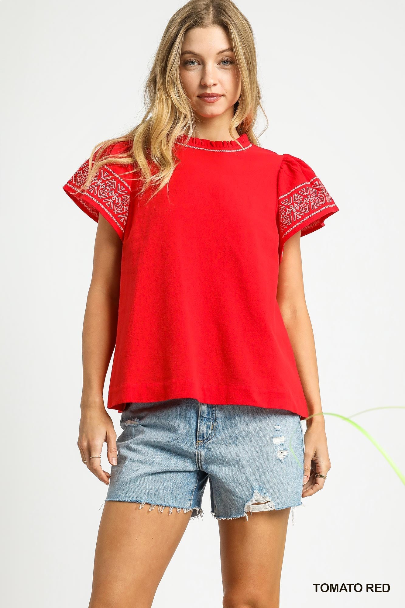 Red Embroidered Ruffle Sleeve Top