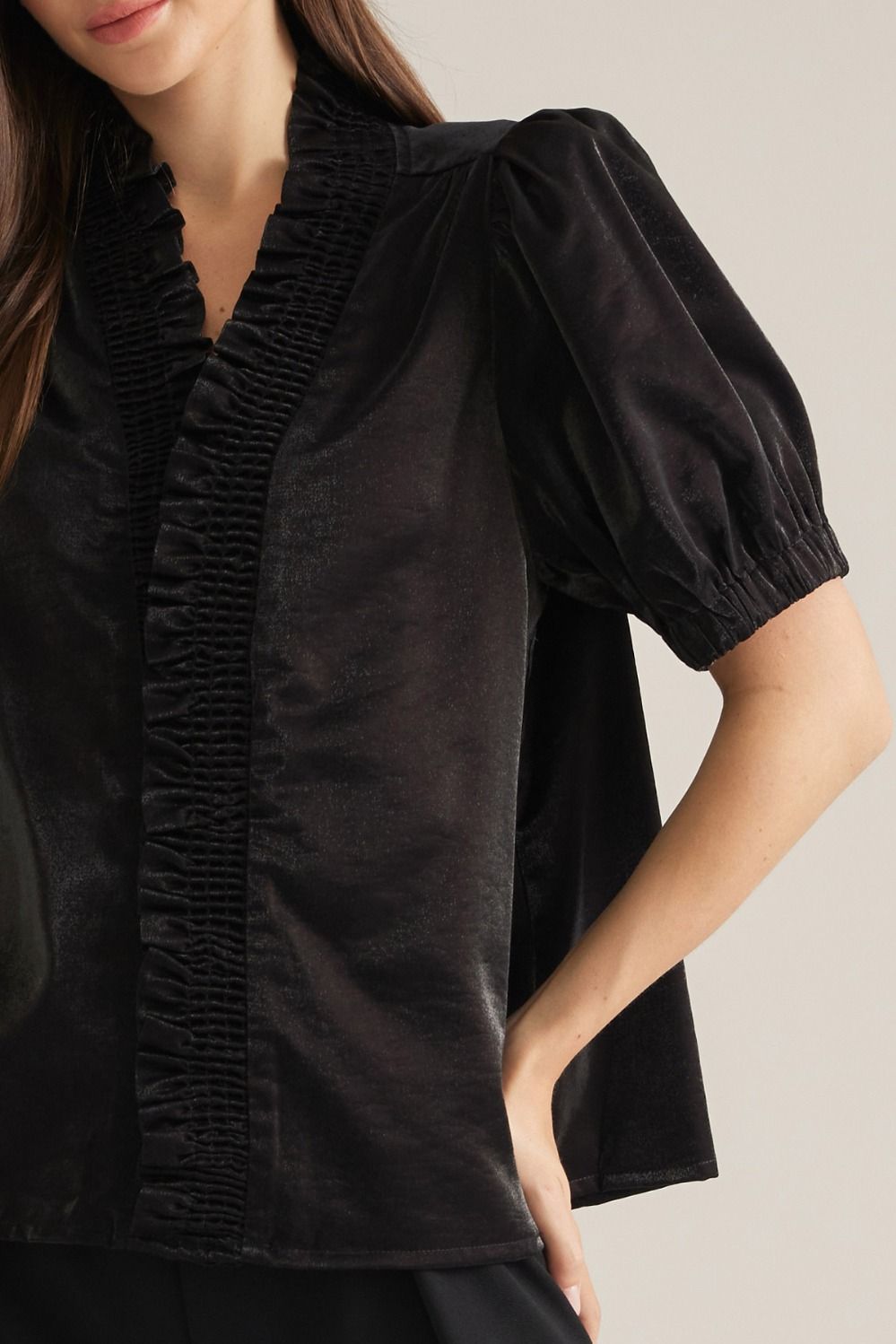 Black Ruffle Front Puff Sleeve Top
