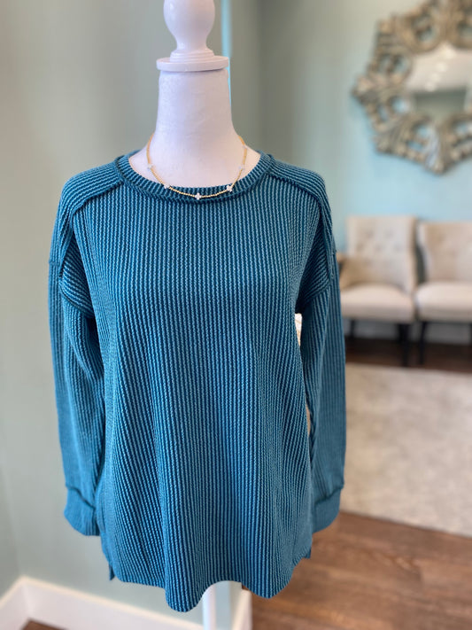 Teal Ribbed Knit Long Sleeve