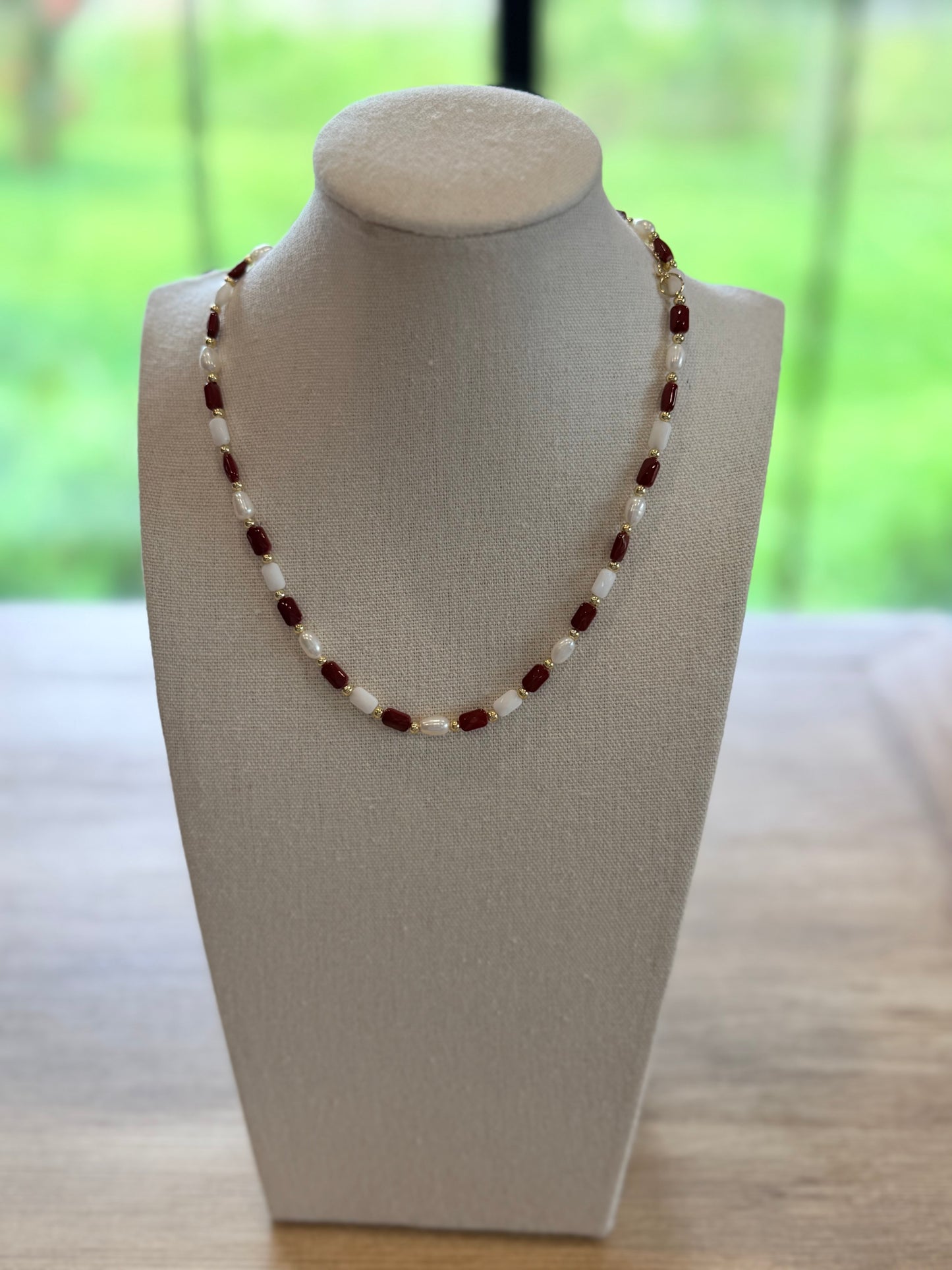 Maroon White and Gold Necklace
