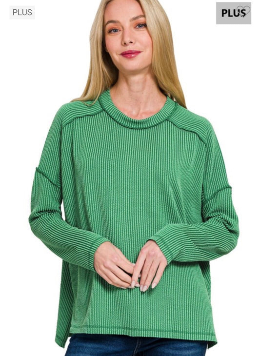 Green Ribbed Long Sleeve Plus