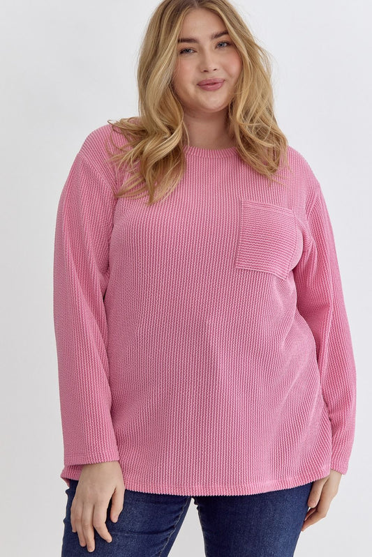 Long Sleeve Pink Ribbed Top (Plus)