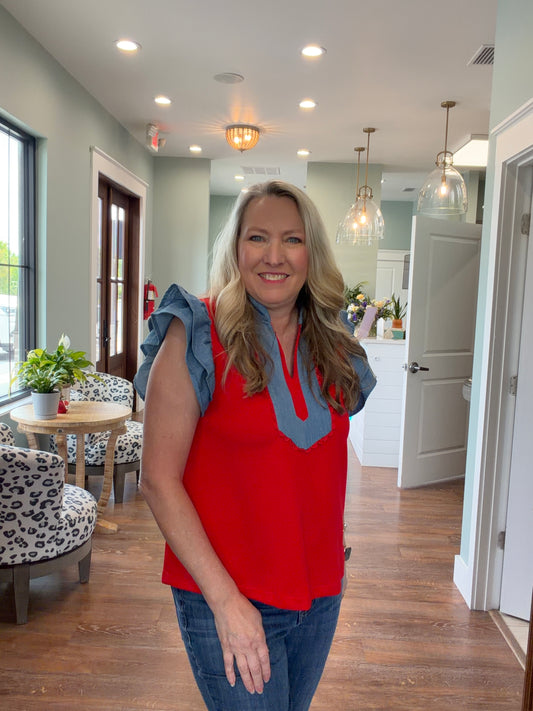 Red and Denim Ruffle Top