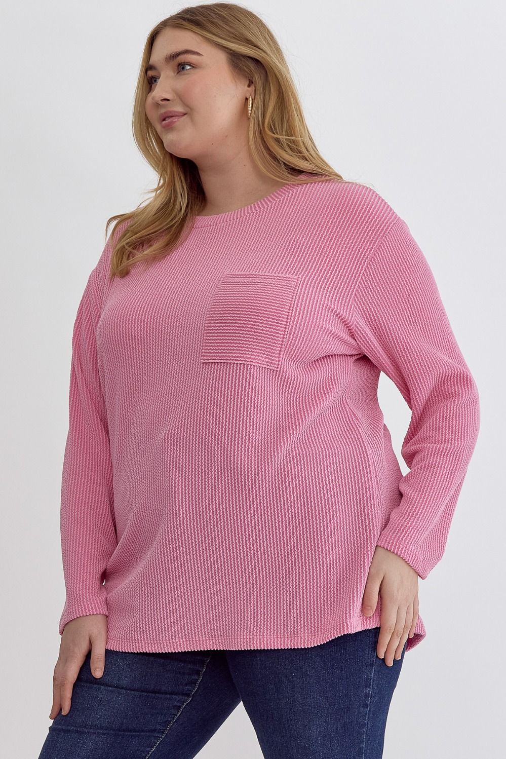 Long Sleeve Pink Ribbed Top (Plus)