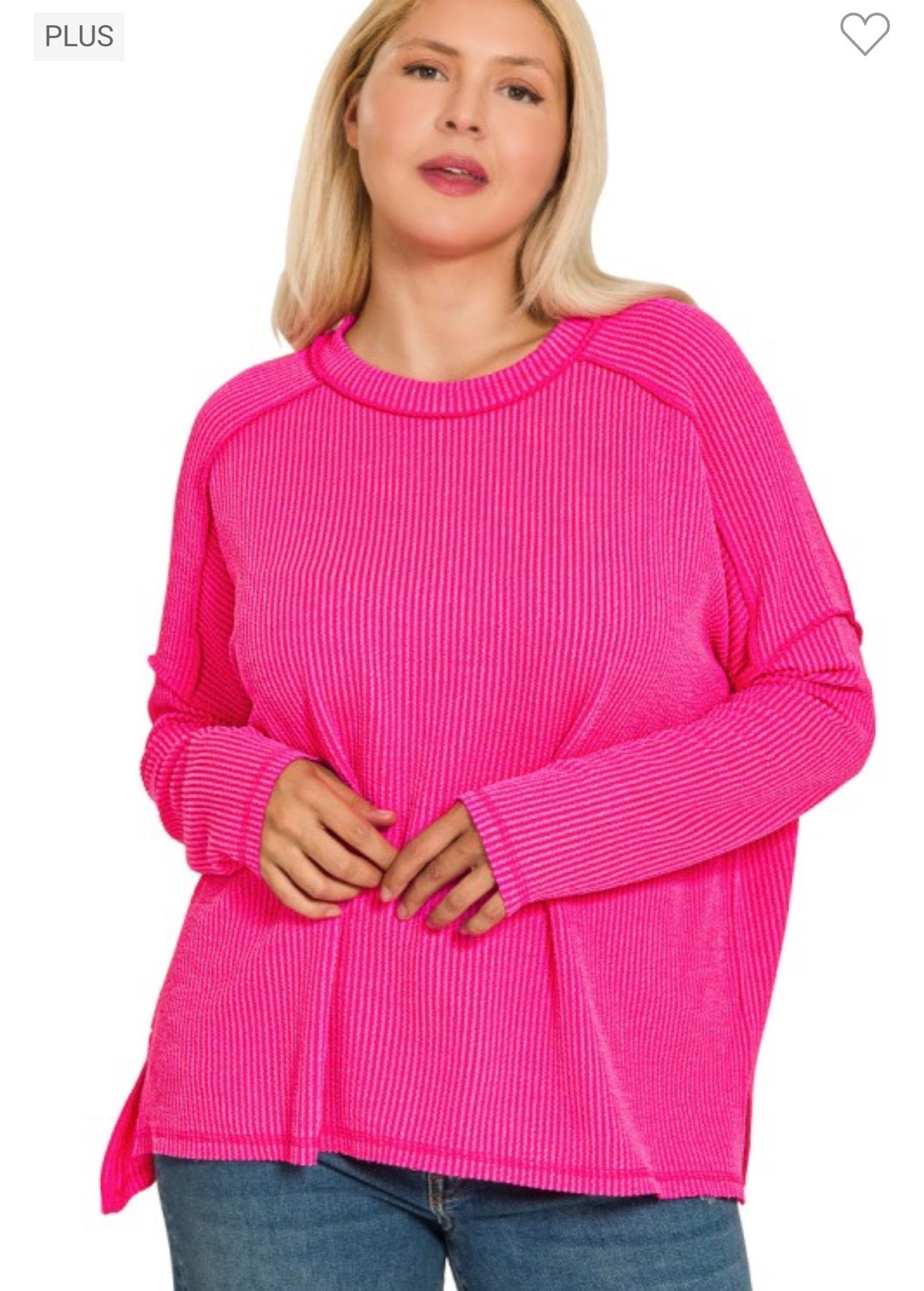 Neon Pink Ribbed Long Sleeve Plus