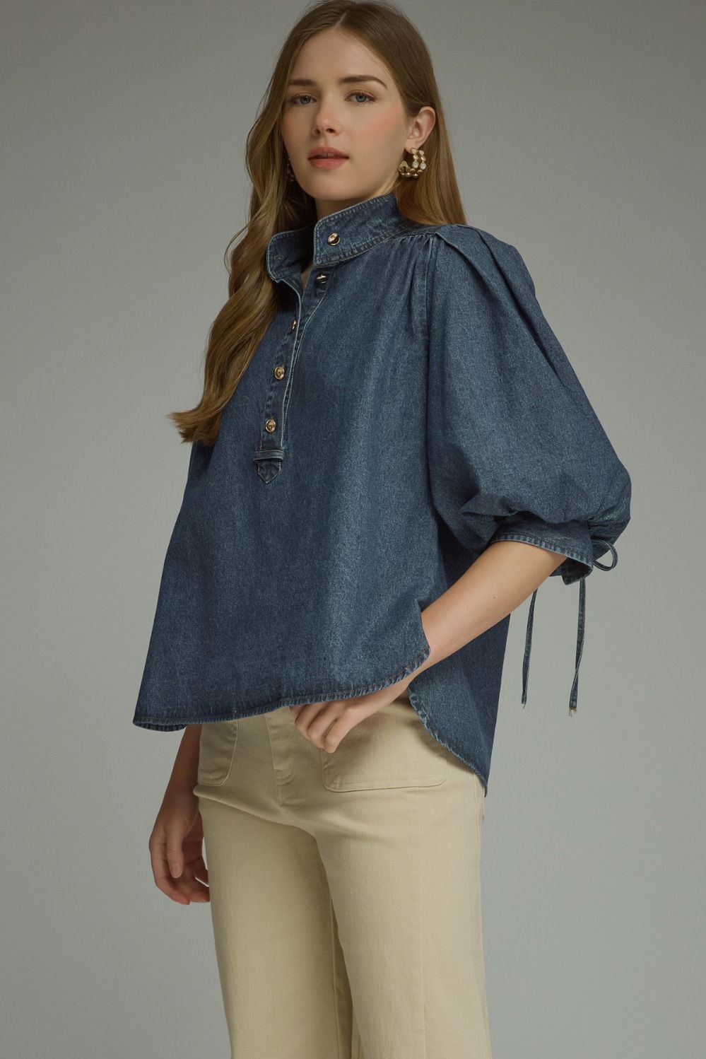 Denim 3/4 Sleeve Blouse (PLUS)