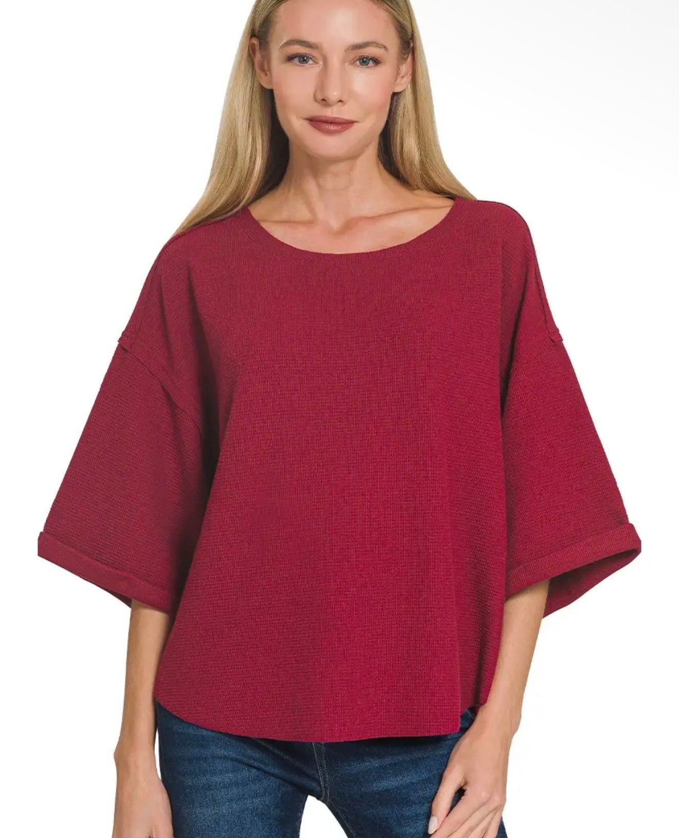 Wine Balloon Sleeve Scallop Hem Top