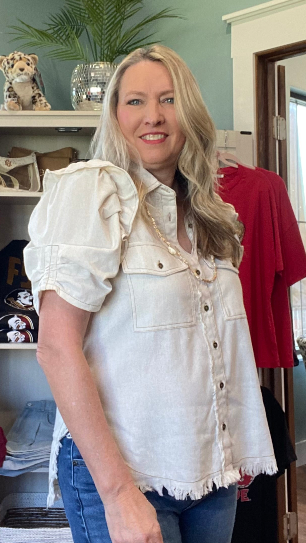 Oatmeal Ruffle Gathered Sleeve Top