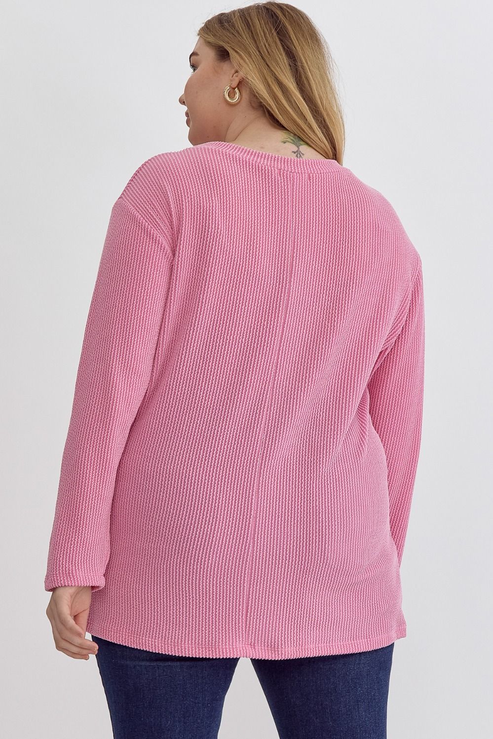 Long Sleeve Pink Ribbed Top (Plus)