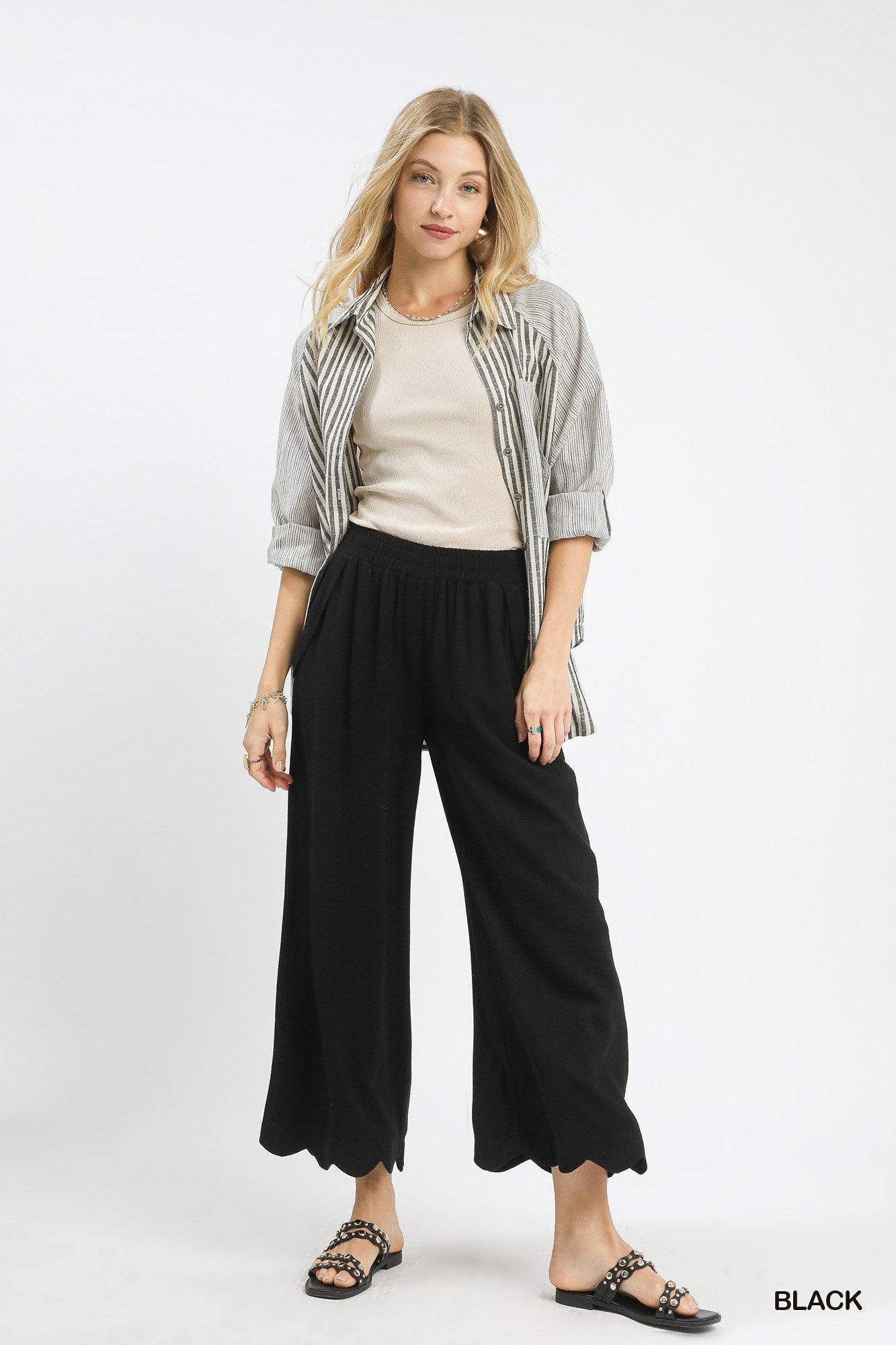Black Linen Blend Scallop Hem Pants