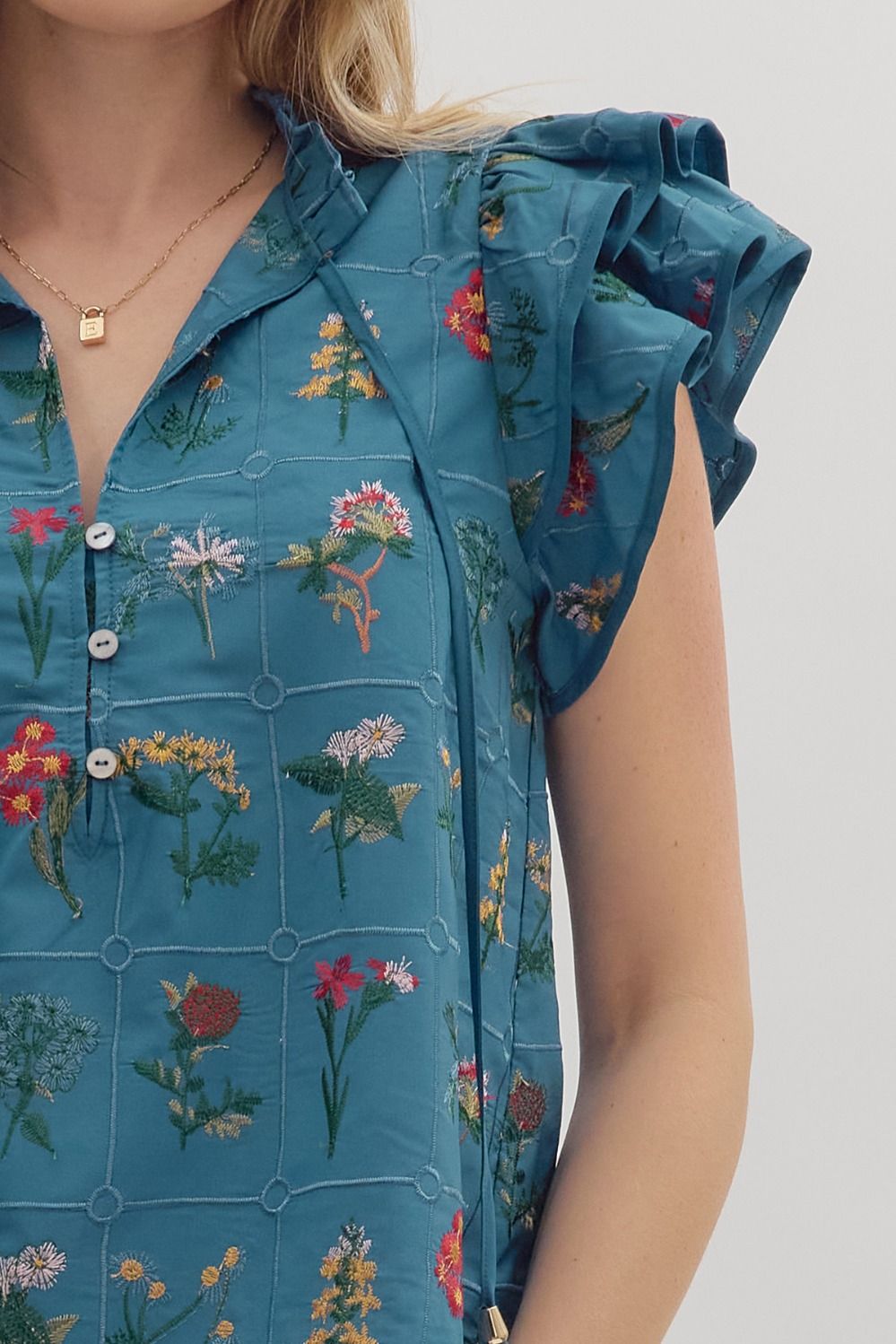 Teal Blue Floral Embroidered Top