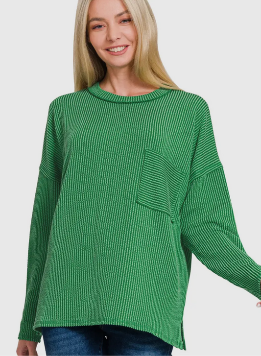 Green Corded Rib L/S Top