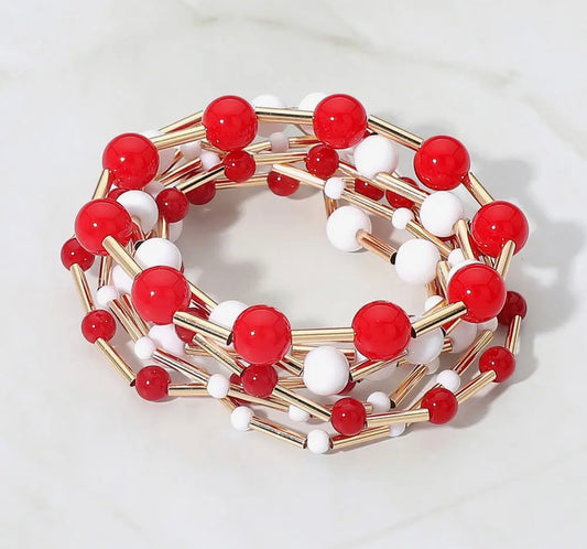 Red and White Ball Bracelet Stack