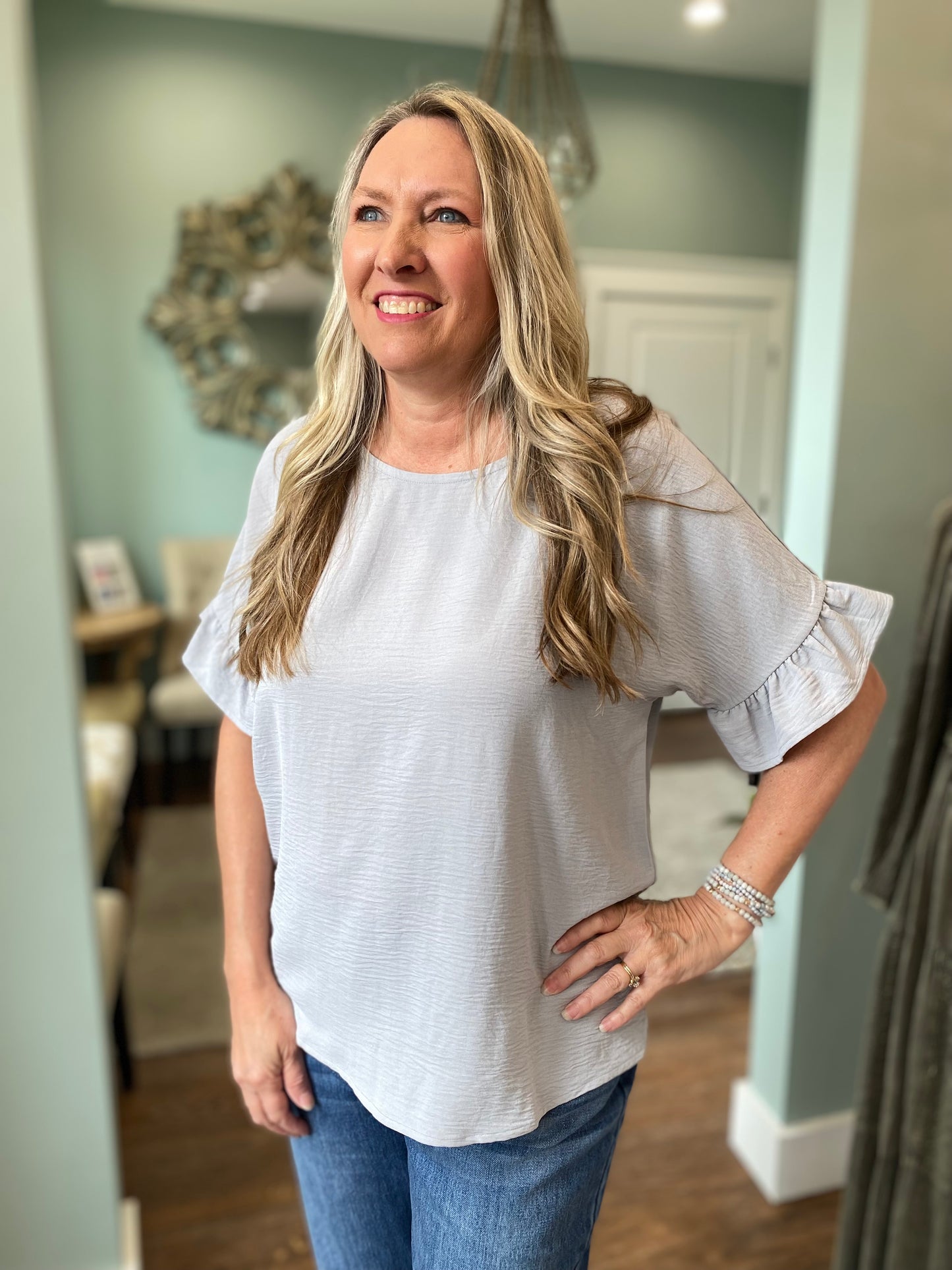 Light Grey Ruffle Sleeve Top