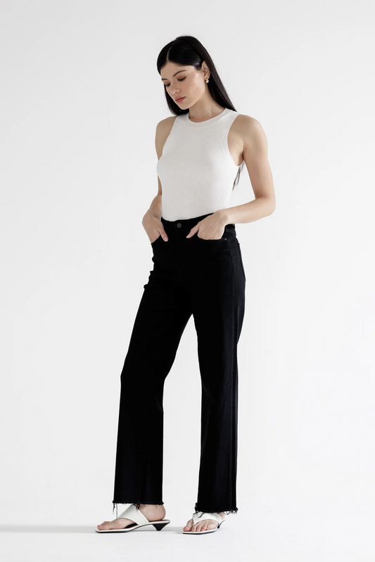 Mica High Rise Slim Wide Raw Hem  Black Jeans