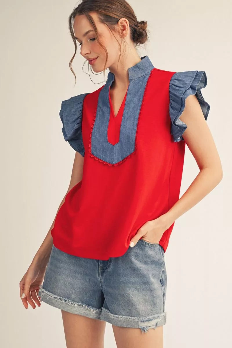 Red and Denim Ruffle Top
