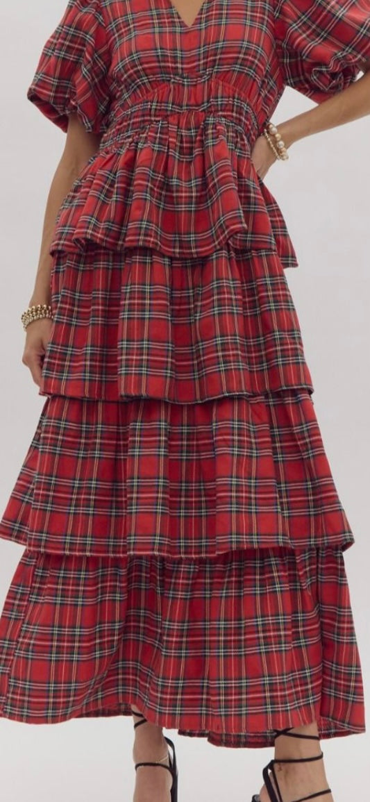 Bella Red Plaid Tiered Dress