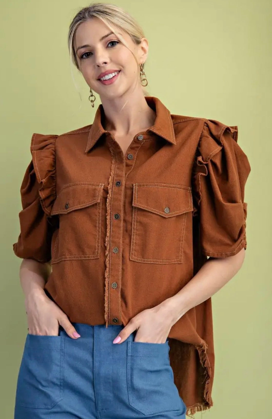 Copper Ruffle Sleeve Top