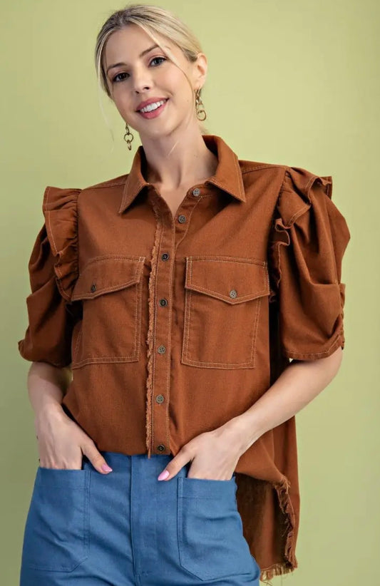 Copper Ruffle Sleeve Top