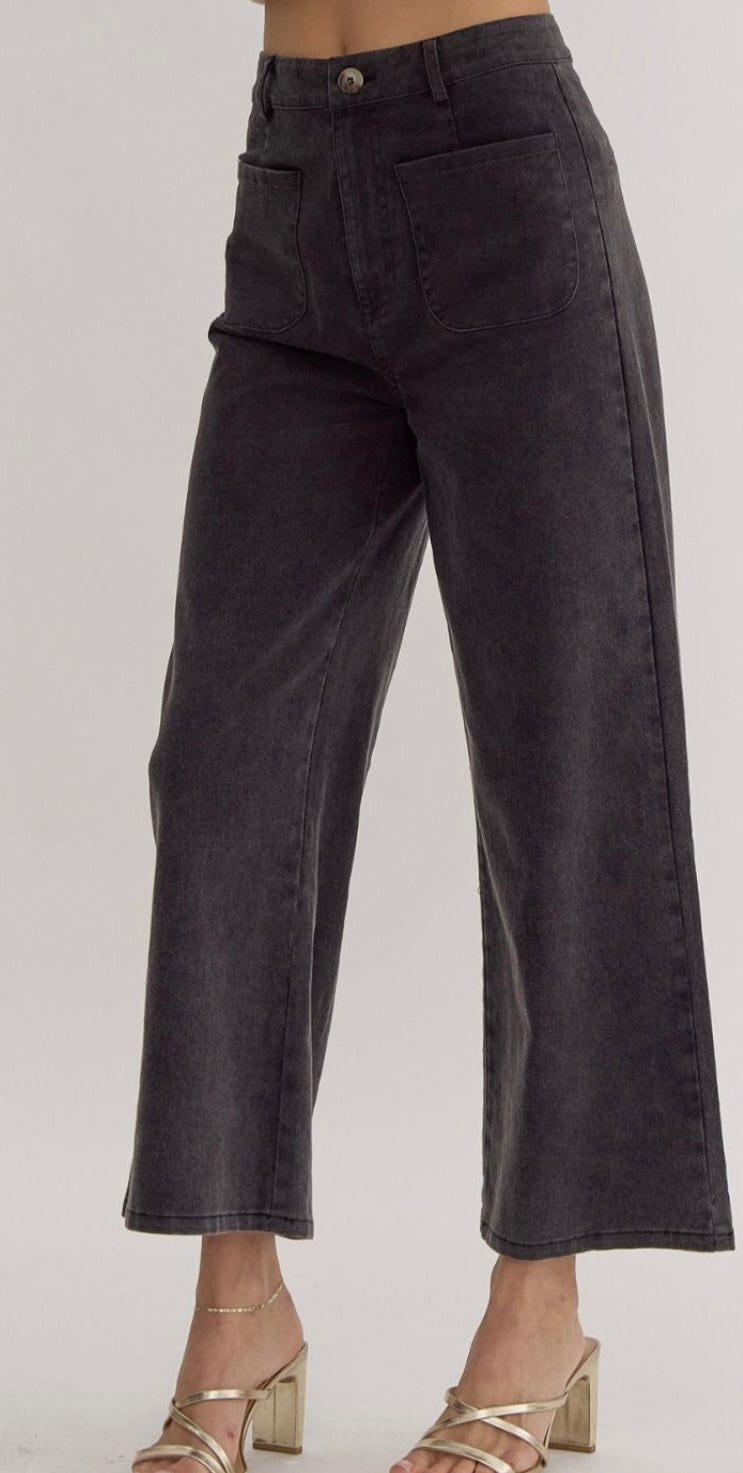 Black Stonewashed Patch Pocket Pants