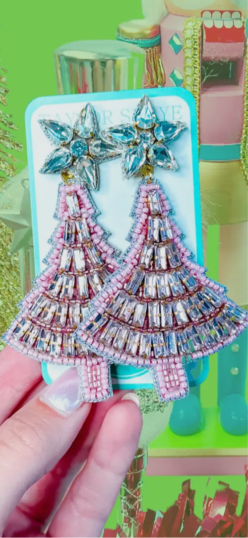 Pink Beaded Christmas Tree Earrings