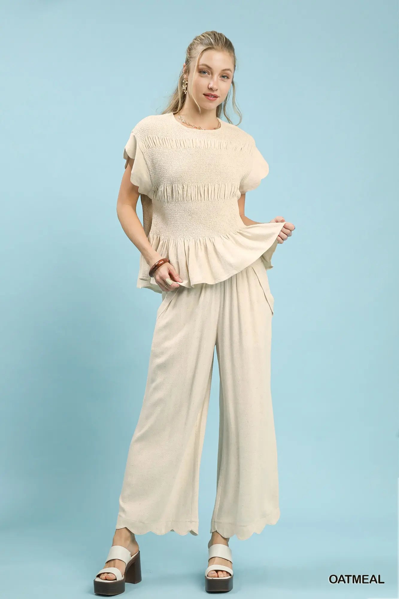 Oatmeal Scalloped Linen Pants